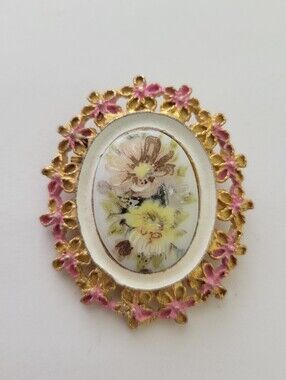Vintage Enameled Flower Glass Cabochon Handpainted Brooch Pin Gold Tone Feminine
